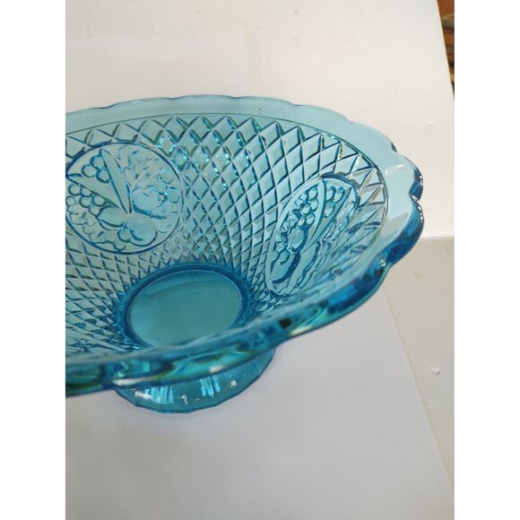 Vintage Aqua Blue Waffle Della Robbia Fruit Panel Glass Punch or Serving Bowl - Picture 10 of 16